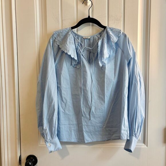St Roche Virginia Sky Blue Women's Poplin Blouse with Eyelet Collar - Picture 1 of 12